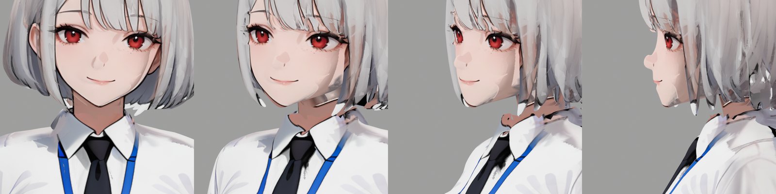 AIで3D化したアニメ調キャラの顔を正面・斜め・横から比べた画像。横顔が崩れている