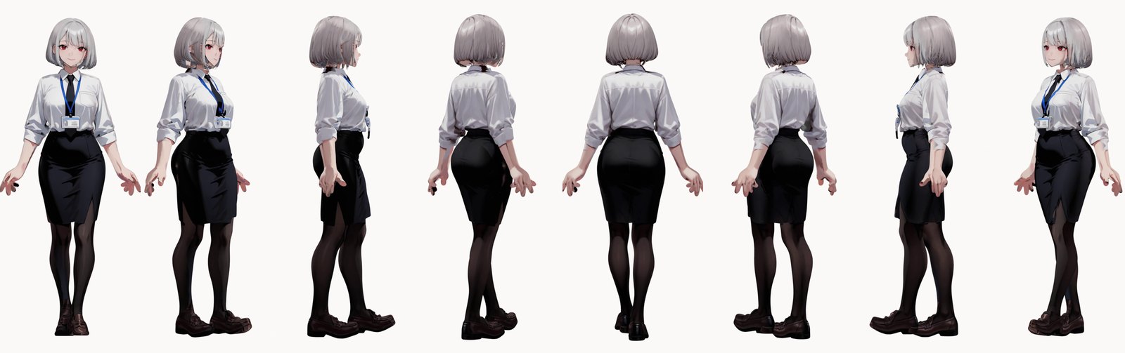 Hunyuan3D-2.1で画像から作った3Dキャラ(スーツの女性)を8方向から見た回転画像
