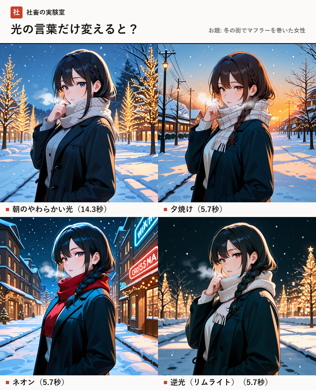 プロンプトの「光」の言葉を入れ替えるだけで、画像の世界観はここまで変わる