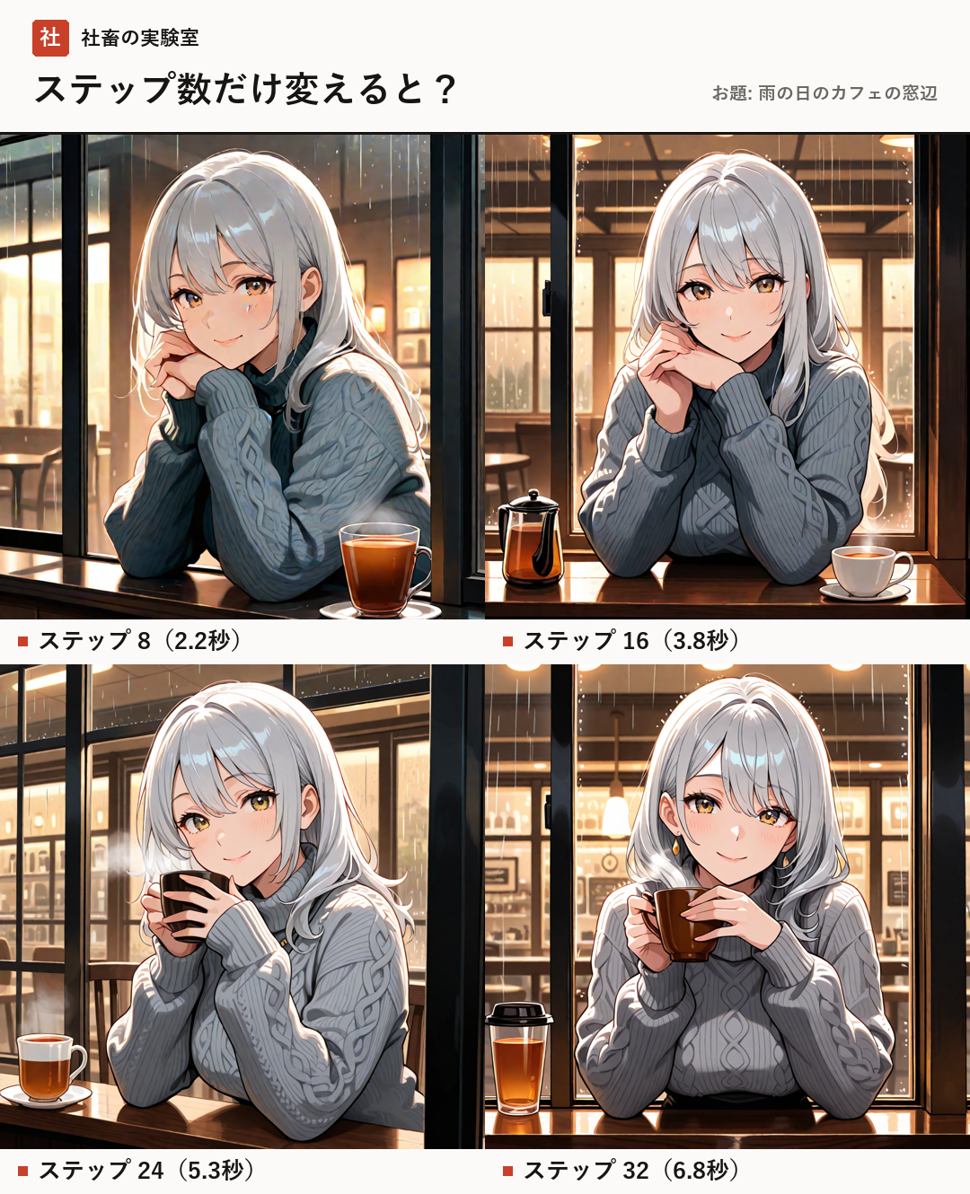 画像生成AIにおける「ステップ数」の影響とは?描き込みの密度と生成時間の関係を検証